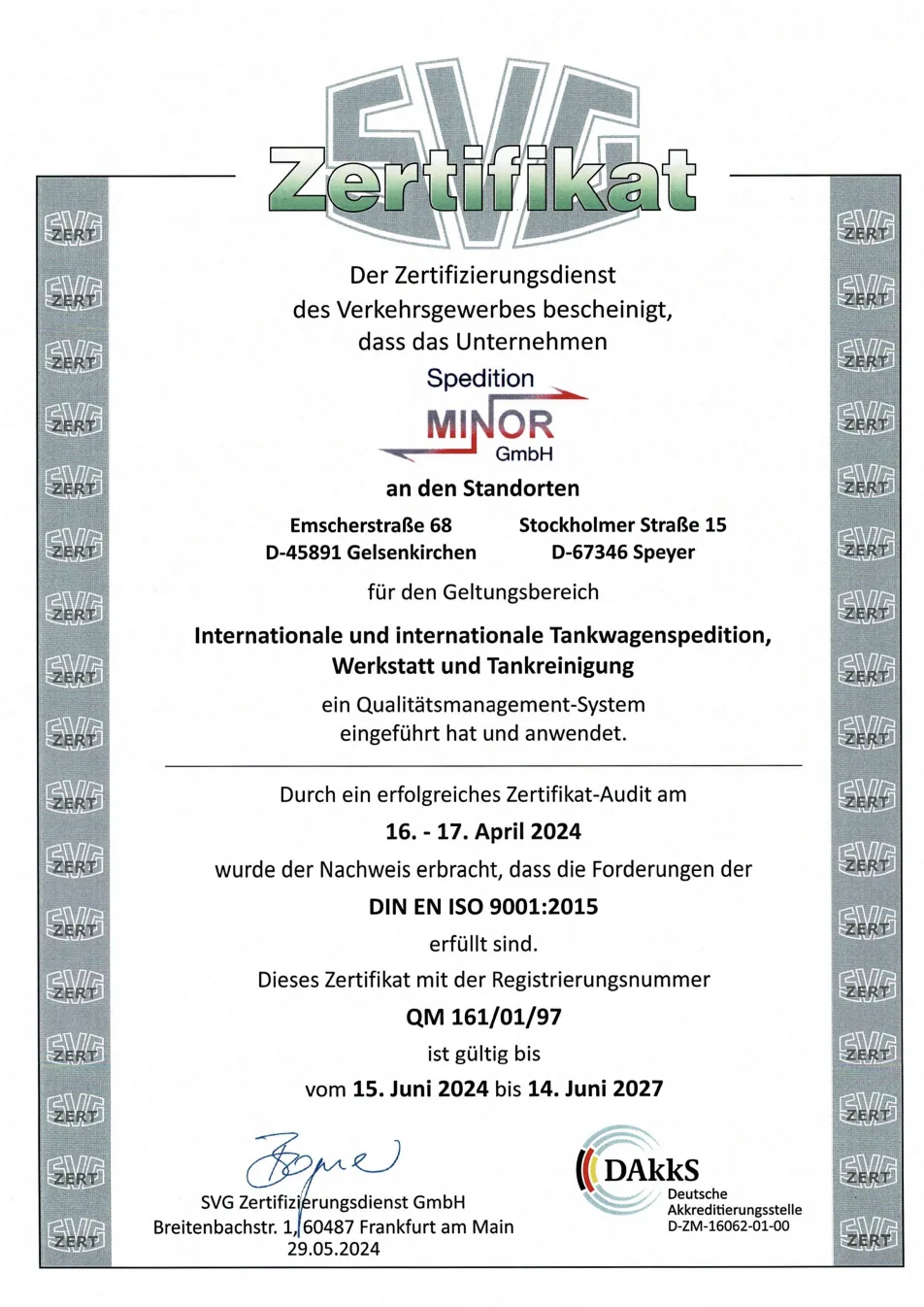ISO 9001 Zertifikat der Spedition Minor GmbH