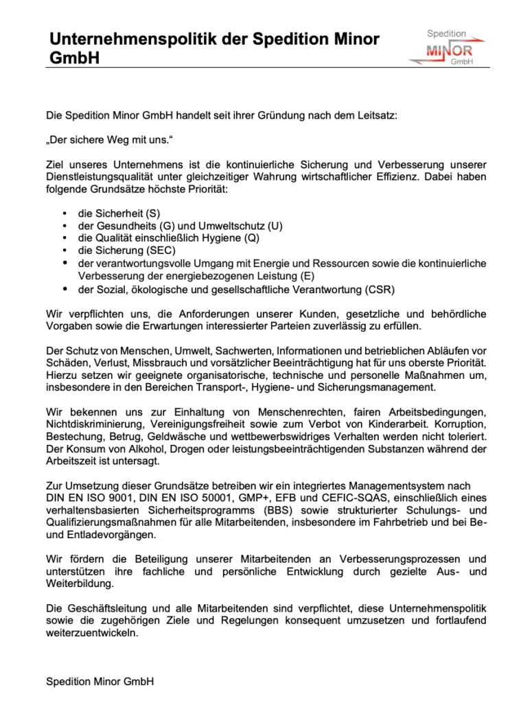 Unternehmenspolitik der Spedition Minor (PDF öffnen)